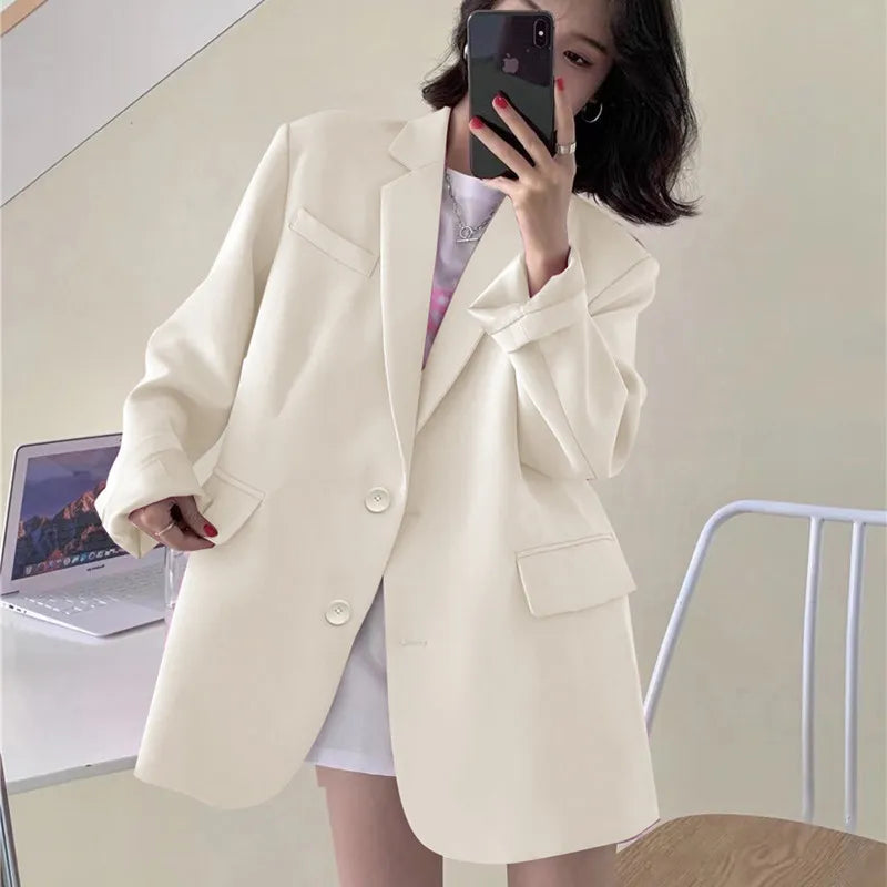 2025 Elegant Blazer Coat For Women Fashion Pockets Lapel Oversized Suit Jackets New Autumn Office Lady Casual Loose Outerwear