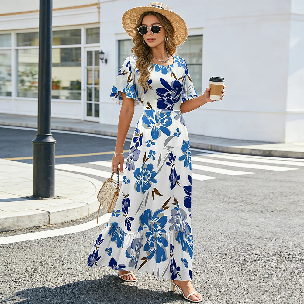 Women's Floral Print Ruffle Sleeve Maxi Dress Summer Casual Round Neck Waist Dress