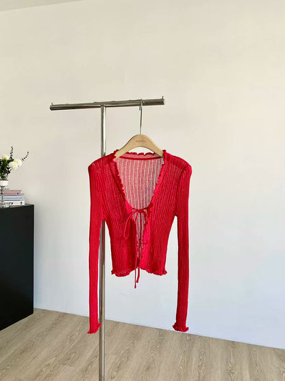 Ribbed Knit Cardigan with Tie Front Ruffled Trim Crop Tops Lightweight Sheer Fitted Cardigan for Women Teen-girl Y2K Outfit