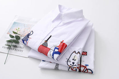 2024 New White Shirt Casual Button Up Turn Down Collar Female Blouse Long Sleeve Cotton Blouse Embroidery Blouse Lady 5083 50
