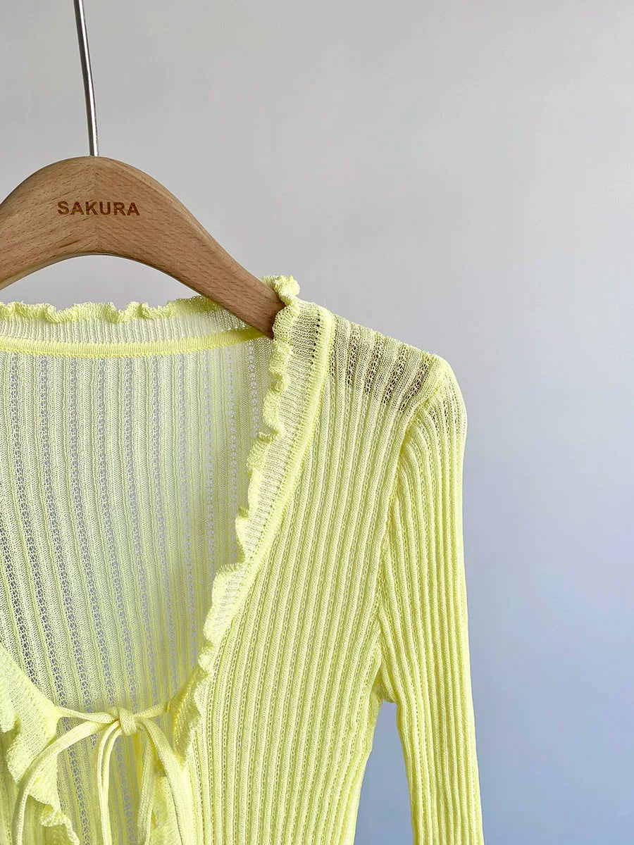 Ribbed Knit Cardigan with Tie Front Ruffled Trim Crop Tops Lightweight Sheer Fitted Cardigan for Women Teen-girl Y2K Outfit