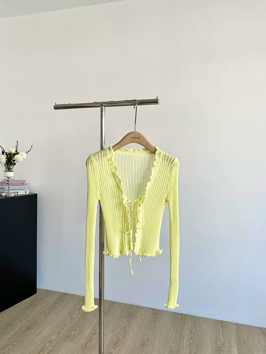 Ribbed Knit Cardigan with Tie Front Ruffled Trim Crop Tops Lightweight Sheer Fitted Cardigan for Women Teen-girl Y2K Outfit