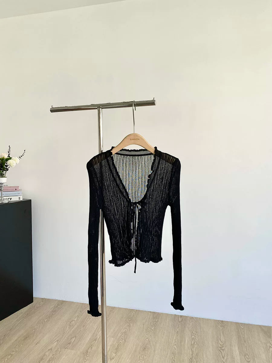 Ribbed Knit Cardigan with Tie Front Ruffled Trim Crop Tops Lightweight Sheer Fitted Cardigan for Women Teen-girl Y2K Outfit