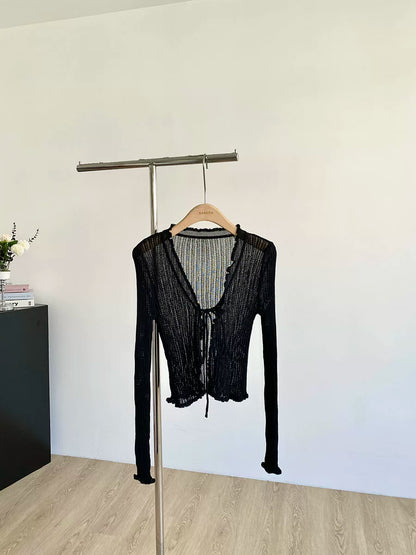 Ribbed Knit Cardigan with Tie Front Ruffled Trim Crop Tops Lightweight Sheer Fitted Cardigan for Women Teen-girl Y2K Outfit