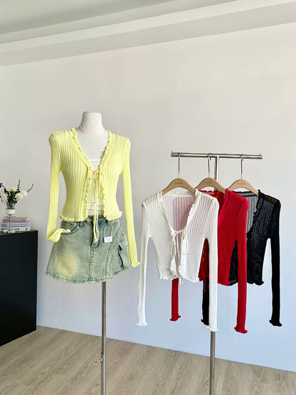 Ribbed Knit Cardigan with Tie Front Ruffled Trim Crop Tops Lightweight Sheer Fitted Cardigan for Women Teen-girl Y2K Outfit