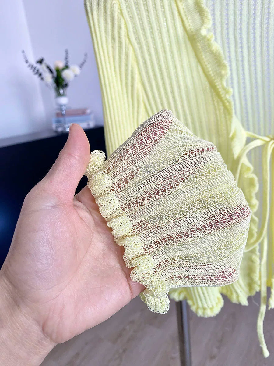 Ribbed Knit Cardigan with Tie Front Ruffled Trim Crop Tops Lightweight Sheer Fitted Cardigan for Women Teen-girl Y2K Outfit