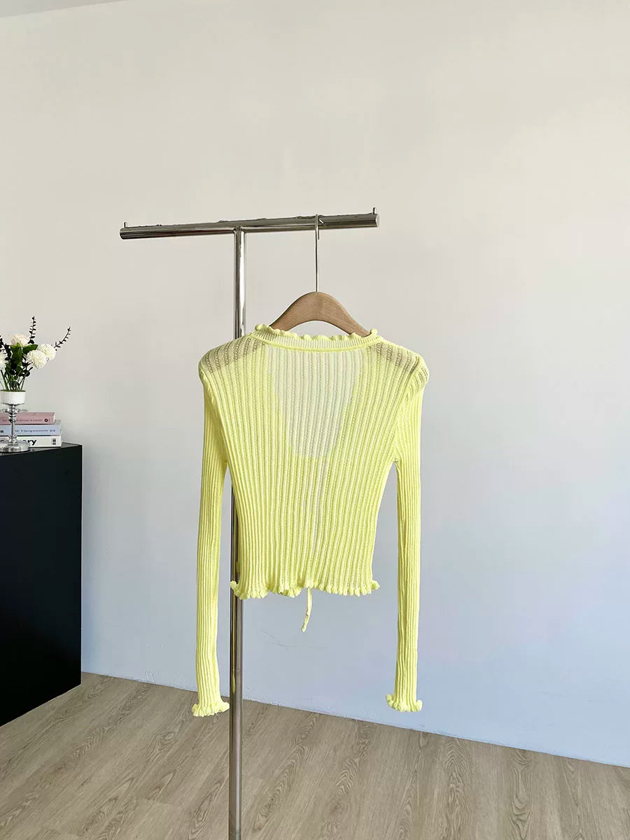 Ribbed Knit Cardigan with Tie Front Ruffled Trim Crop Tops Lightweight Sheer Fitted Cardigan for Women Teen-girl Y2K Outfit