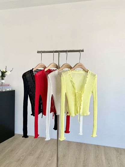 Ribbed Knit Cardigan with Tie Front Ruffled Trim Crop Tops Lightweight Sheer Fitted Cardigan for Women Teen-girl Y2K Outfit