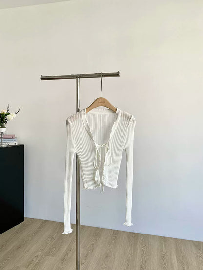 Ribbed Knit Cardigan with Tie Front Ruffled Trim Crop Tops Lightweight Sheer Fitted Cardigan for Women Teen-girl Y2K Outfit