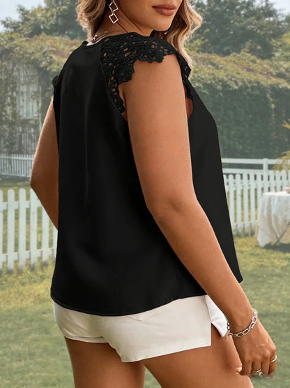 Plus Size Women's Tank Top Sleeveless Lace Trim V Neck Solid Loose Tops Casual Blouse Spring Summer Chic Tank Top Daily Soft Top