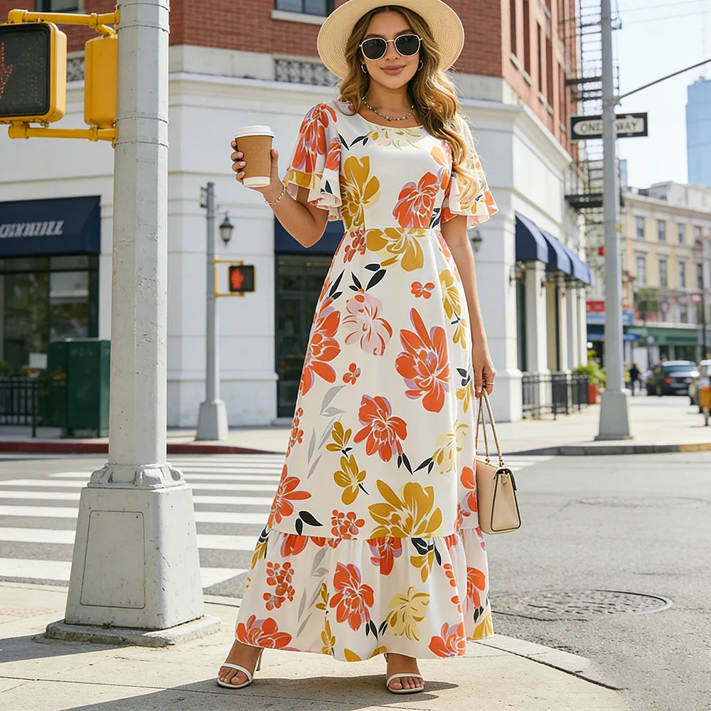 Women's   Floral Print Ruffle Sleeve Maxi Dress Summer Casual Round Neck Waist Dress