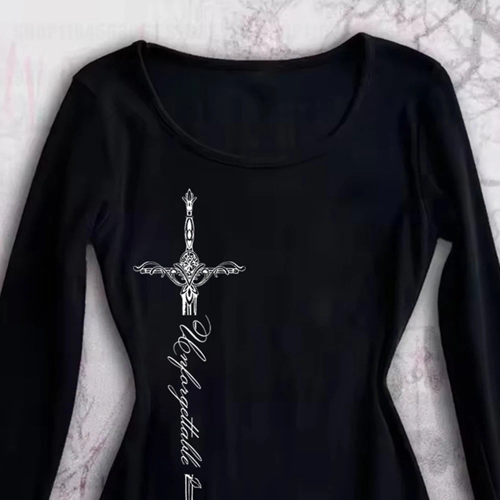 Vintage T-shirt Graphic Print O Neck Long Sleeve Tee Women's Slim Fit Crop Tops Girl Emo Streetwear 2000s Y2K Grunge tops