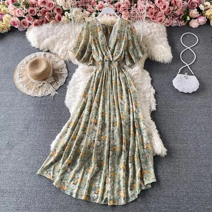 Boho Floral Print Chiffon Maxi Dress Women Sexy V Neck Short Sleeve Long Beach Dress Summer Holiday Sundress Vestidos