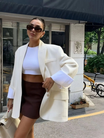 2025 Elegant Blazer Coat For Women Fashion Pockets Lapel Oversized Suit Jackets  New Autumn Office Lady Casual Loose Outerwear
