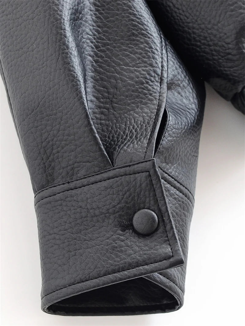 Women's Jacket Fall 2025 New Black Long Sleeve Pebble Faux Leather Jacket Motorcycle Style Personality Fashion