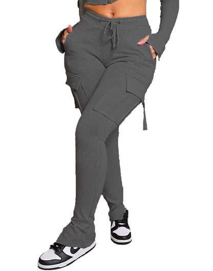 Cargo Pant Women Long Pants Sexy Slim Fit Casual Drawstring Splice Button Pocket Straight Trousers Lace Up High Elastic Waist