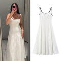 Women Midi Dress Female Casual Suspender Dress Color Contrasting Edge 2025 Summer Ladies Slim Square Collar Elegant Long Dresses