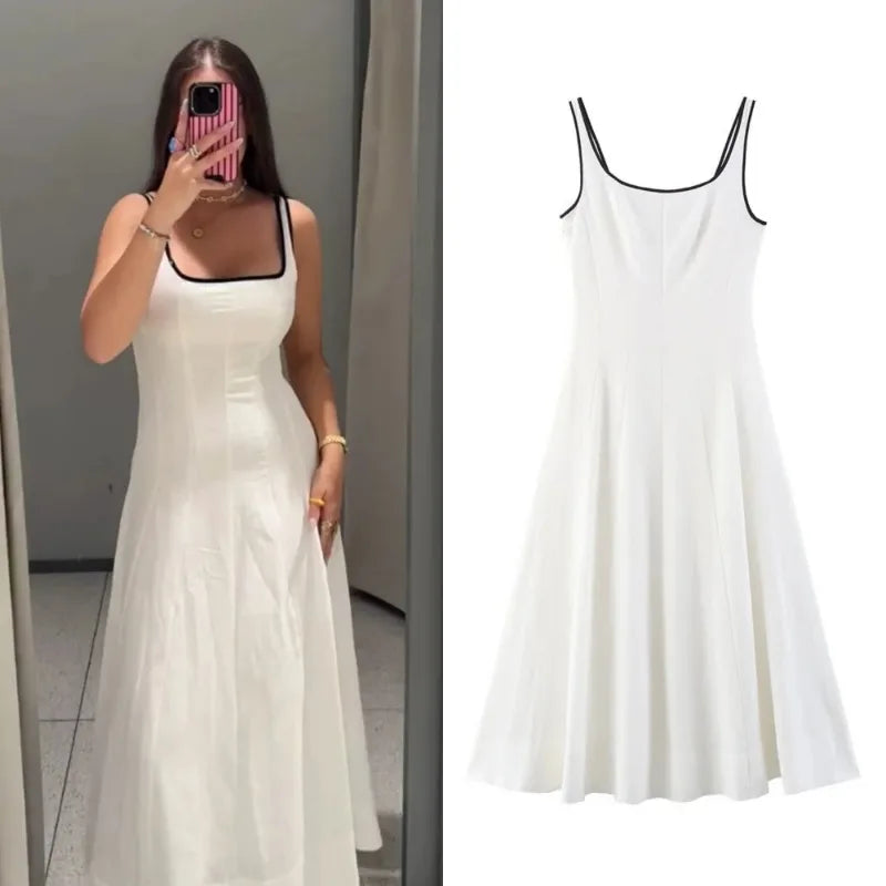 Women Midi Dress Female Casual Suspender Dress Color Contrasting Edge 2025 Summer Ladies Slim Square Collar Elegant Long Dresses
