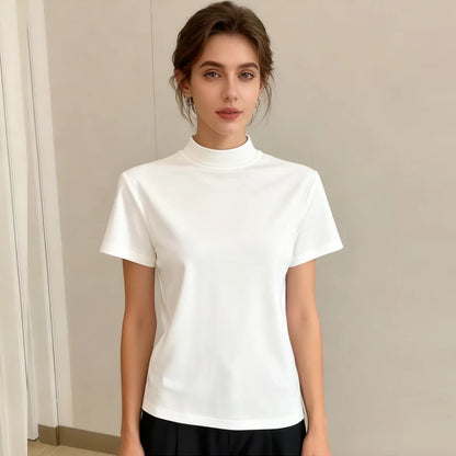 Casual Short Sleeve Women T-shirts Summer New Solid Color Slim Fit Elegant Basic Tees Top Shirts Half High Neck Simple Tshirt