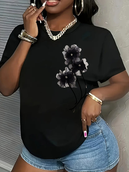 Women's Casual T-Shirt - Black Floral Print Short Sleeve Crew Neck Top Lightweight Breathable Fabric Ladies T Shirts