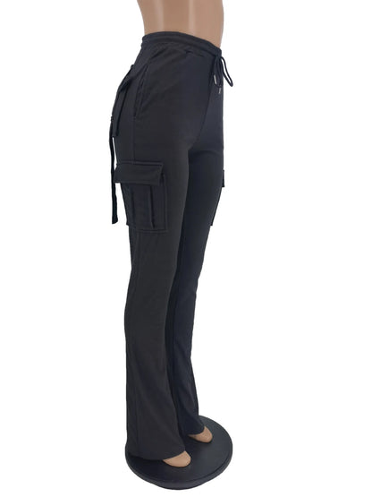 Cargo Pant Women Long Pants Sexy Slim Fit Casual Drawstring Splice Button Pocket Straight Trousers Lace Up High Elastic Waist