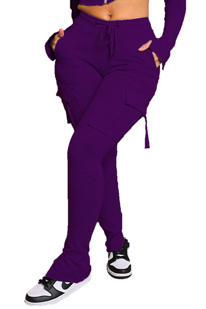 Cargo Pant Women Long Pants Sexy Slim Fit Casual Drawstring Splice Button Pocket Straight Trousers Lace Up High Elastic Waist