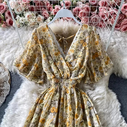 Boho Floral Print Chiffon Maxi Dress Women Sexy V Neck Short Sleeve Long Beach Dress Summer Holiday Sundress Vestidos