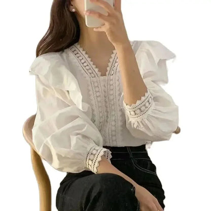 V-neck Ruffles Puff Sleeve Women Blouse Long Sleeve Tops Long Sleeve White Shirts Fashion Casual Office Lady Elegant Clothing