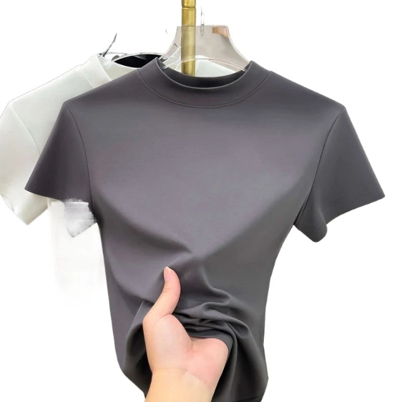 Casual Short Sleeve Women T-shirts Summer New Solid Color Slim Fit Elegant Basic Tees Top Shirts Half High Neck Simple Tshirt