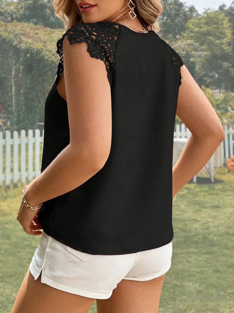 Plus Size Women's Tank Top Sleeveless Lace Trim V Neck Solid Loose Tops Casual Blouse Spring Summer Chic Tank Top Daily Soft Top