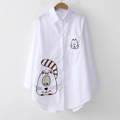 2024 New White Shirt Casual Button Up Turn Down Collar Female Blouse Long Sleeve Cotton Blouse Embroidery Blouse Lady 5083 50