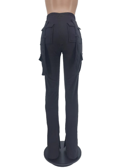 Cargo Pant Women Long Pants Sexy Slim Fit Casual Drawstring Splice Button Pocket Straight Trousers Lace Up High Elastic Waist