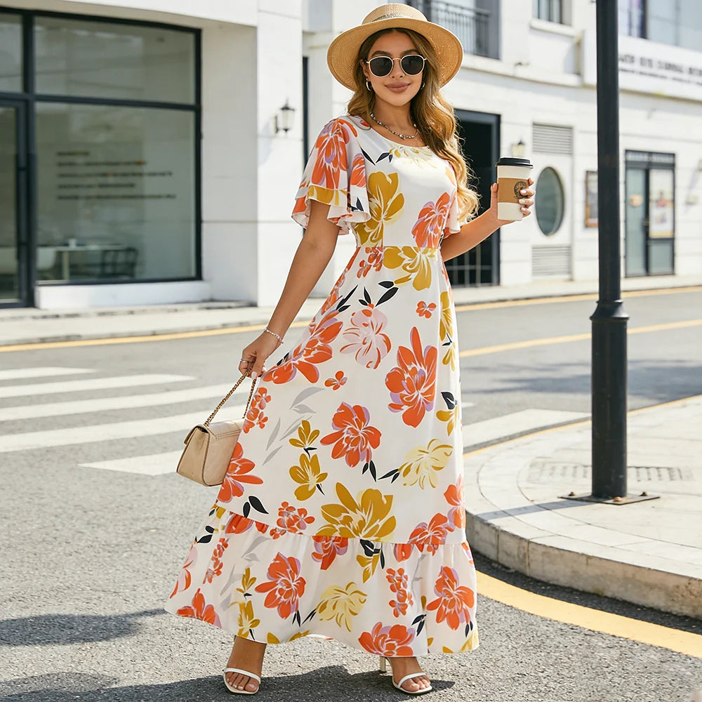 Women's   Floral Print Ruffle Sleeve Maxi Dress Summer Casual Round Neck Waist Dress