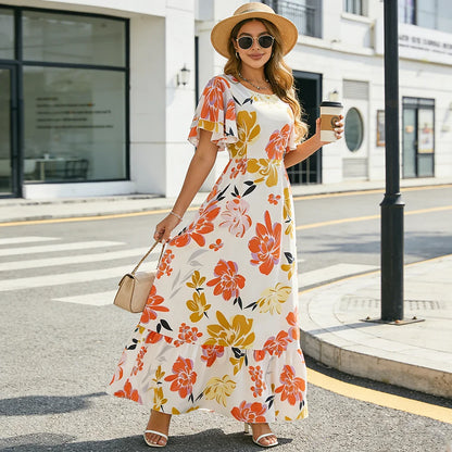 Women's   Floral Print Ruffle Sleeve Maxi Dress Summer Casual Round Neck Waist Dress