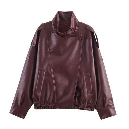 Women's Jacket Fall 2025 New Black Long Sleeve Pebble Faux Leather Jacket Motorcycle Style Personality Fashion
