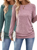 Button Decor Ruched T-Shirt, Casual Long Sleeve Top For Spring & Fall, Women's Clothing