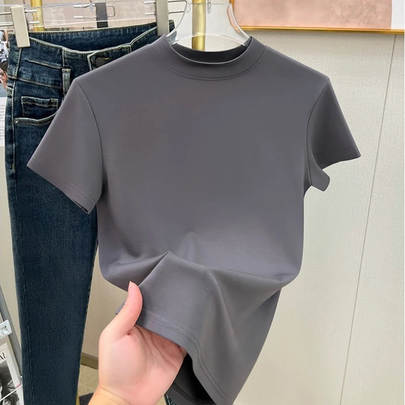 Casual Short Sleeve Women T-shirts Summer New Solid Color Slim Fit Elegant Basic Tees Top Shirts Half High Neck Simple Tshirt