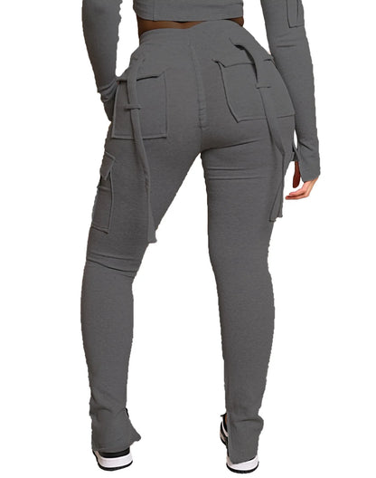 Cargo Pant Women Long Pants Sexy Slim Fit Casual Drawstring Splice Button Pocket Straight Trousers Lace Up High Elastic Waist
