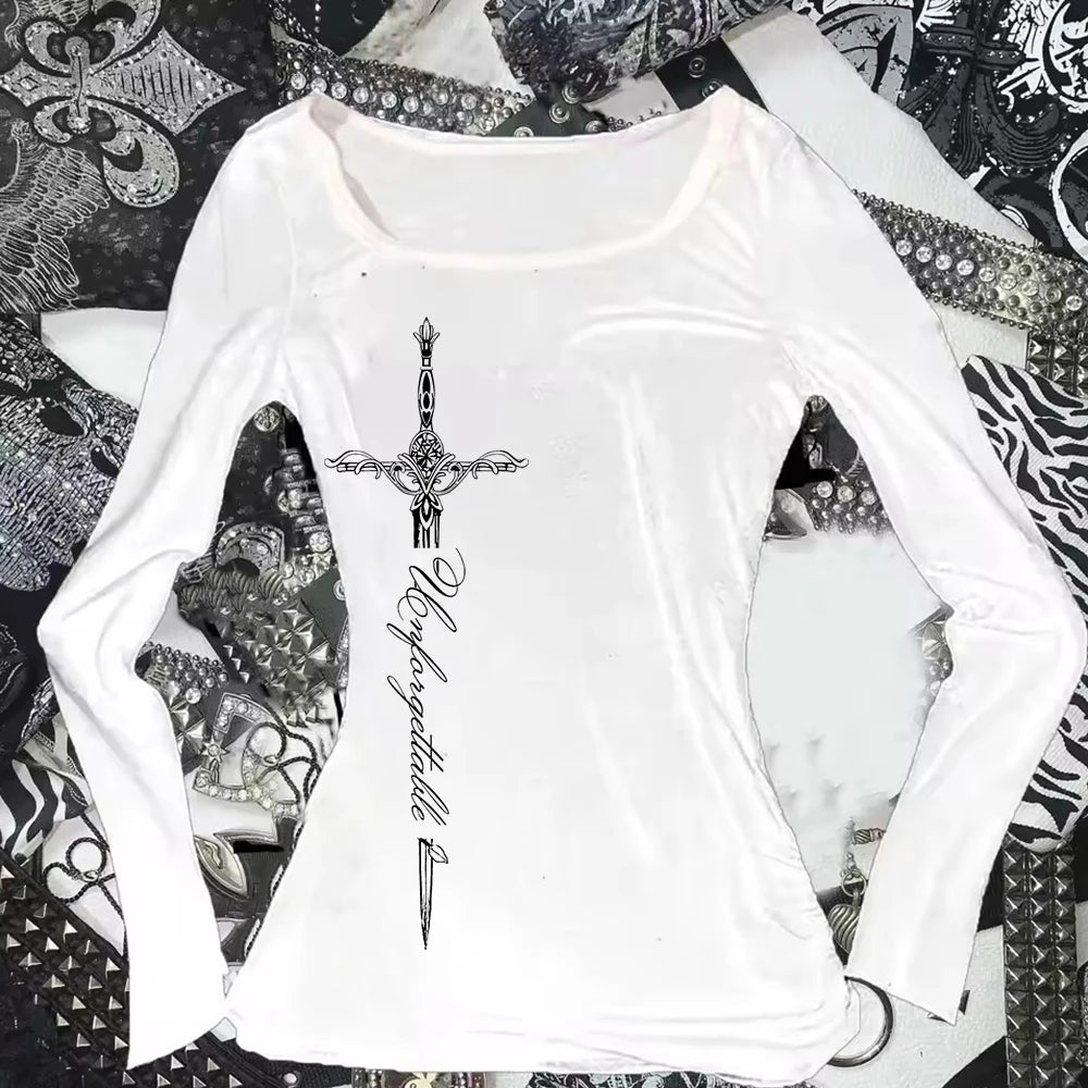 Vintage T-shirt Graphic Print O Neck Long Sleeve Tee Women's Slim Fit Crop Tops Girl Emo Streetwear 2000s Y2K Grunge tops