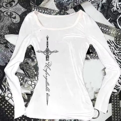 Vintage T-shirt Graphic Print O Neck Long Sleeve Tee Women's Slim Fit Crop Tops Girl Emo Streetwear 2000s Y2K Grunge tops