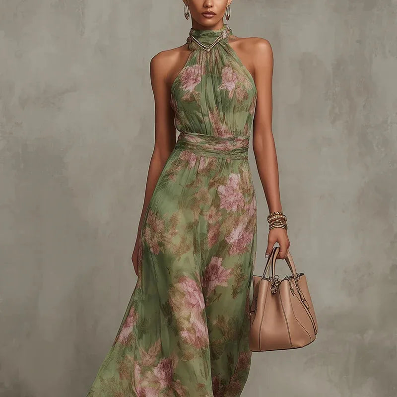 Green Floral Print Maxi Dress Sexy Elegant Halter Sleeveless Hollow Dress Ladies Summer New High Waist Boho Evening Party Dress