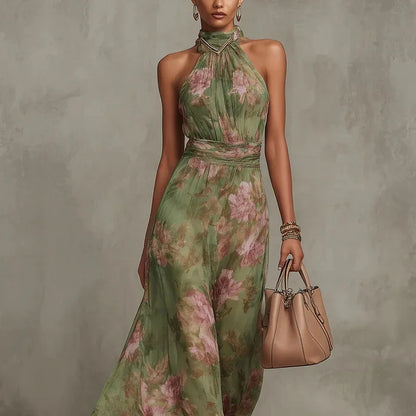 Green Floral Print Maxi Dress Sexy Elegant Halter Sleeveless Hollow Dress Ladies Summer New High Waist Boho Evening Party Dress