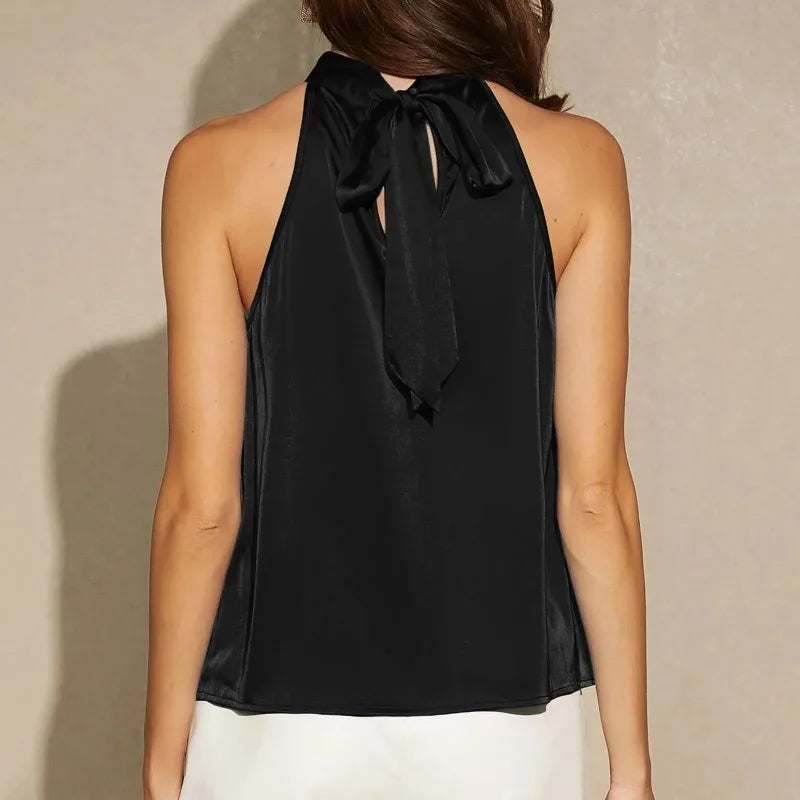 Elegant Satin Halter Neck Tank Tops Women's Sleeveless Solid Color T Shirt Basic Crop Tops Fashion Image Ladies Clothing Camisas