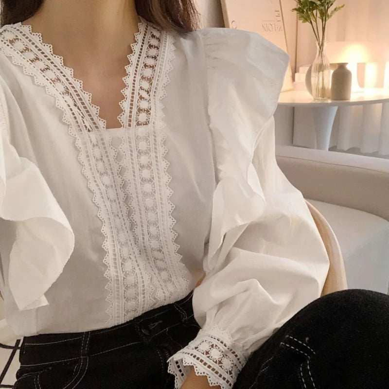 V-neck Ruffles Puff Sleeve Women Blouse Long Sleeve Tops Long Sleeve White Shirts Fashion Casual Office Lady Elegant Clothing