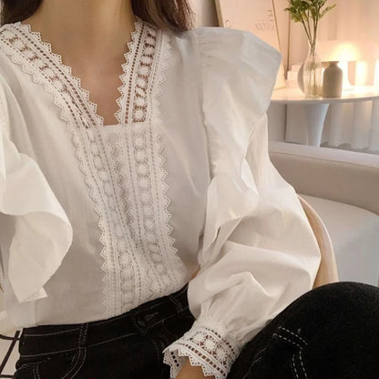 V-neck Ruffles Puff Sleeve Women Blouse Long Sleeve Tops Long Sleeve White Shirts Fashion Casual Office Lady Elegant Clothing