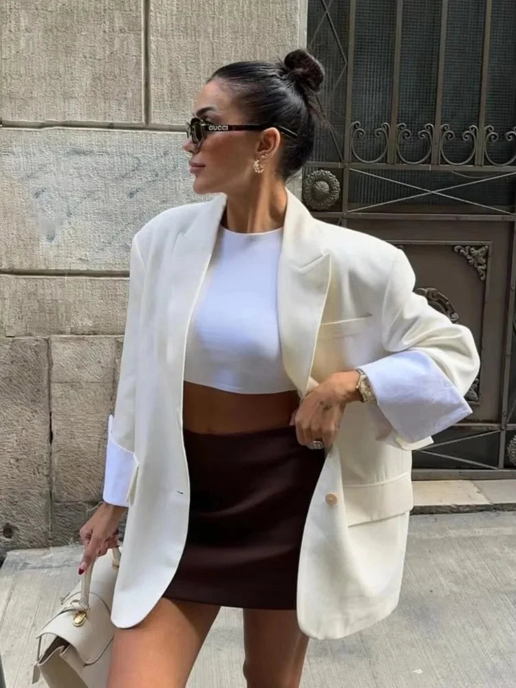2025 Elegant Blazer Coat For Women Fashion Pockets Lapel Oversized Suit Jackets  New Autumn Office Lady Casual Loose Outerwear