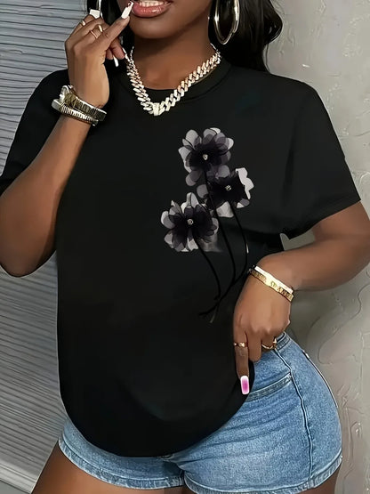 Women's Casual T-Shirt - Black Floral Print Short Sleeve Crew Neck Top Lightweight Breathable Fabric Ladies T Shirts