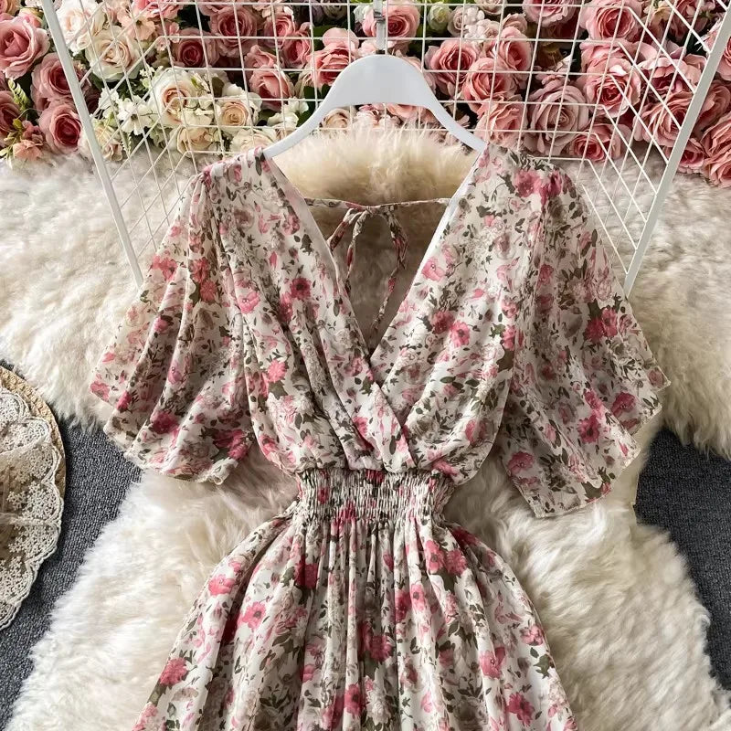 Boho Floral Print Chiffon Maxi Dress Women Sexy V Neck Short Sleeve Long Beach Dress Summer Holiday Sundress Vestidos