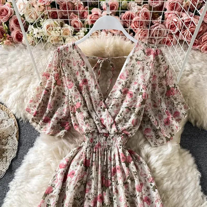 Boho Floral Print Chiffon Maxi Dress Women Sexy V Neck Short Sleeve Long Beach Dress Summer Holiday Sundress Vestidos