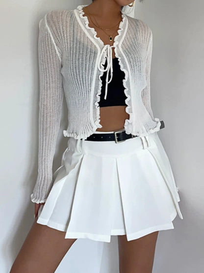 Ribbed Knit Cardigan with Tie Front Ruffled Trim Crop Tops Lightweight Sheer Fitted Cardigan for Women Teen-girl Y2K Outfit